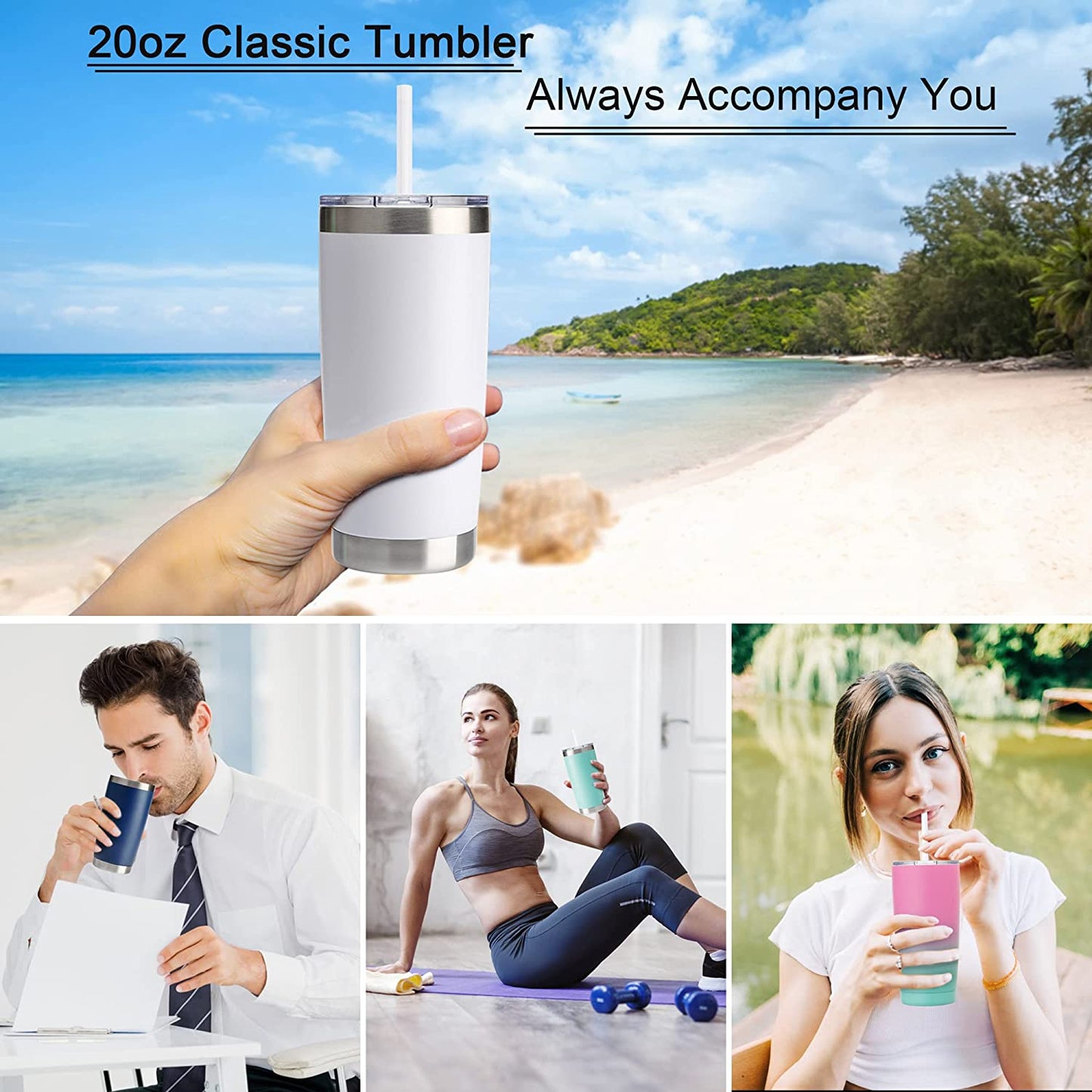 20Oz Tumbler with Lid and Straw, Stainless Steel Vacuum Insulated Coffee Tumbler Cup, Double Wall Powder Coated Travel Mug (White, 1 Pack)