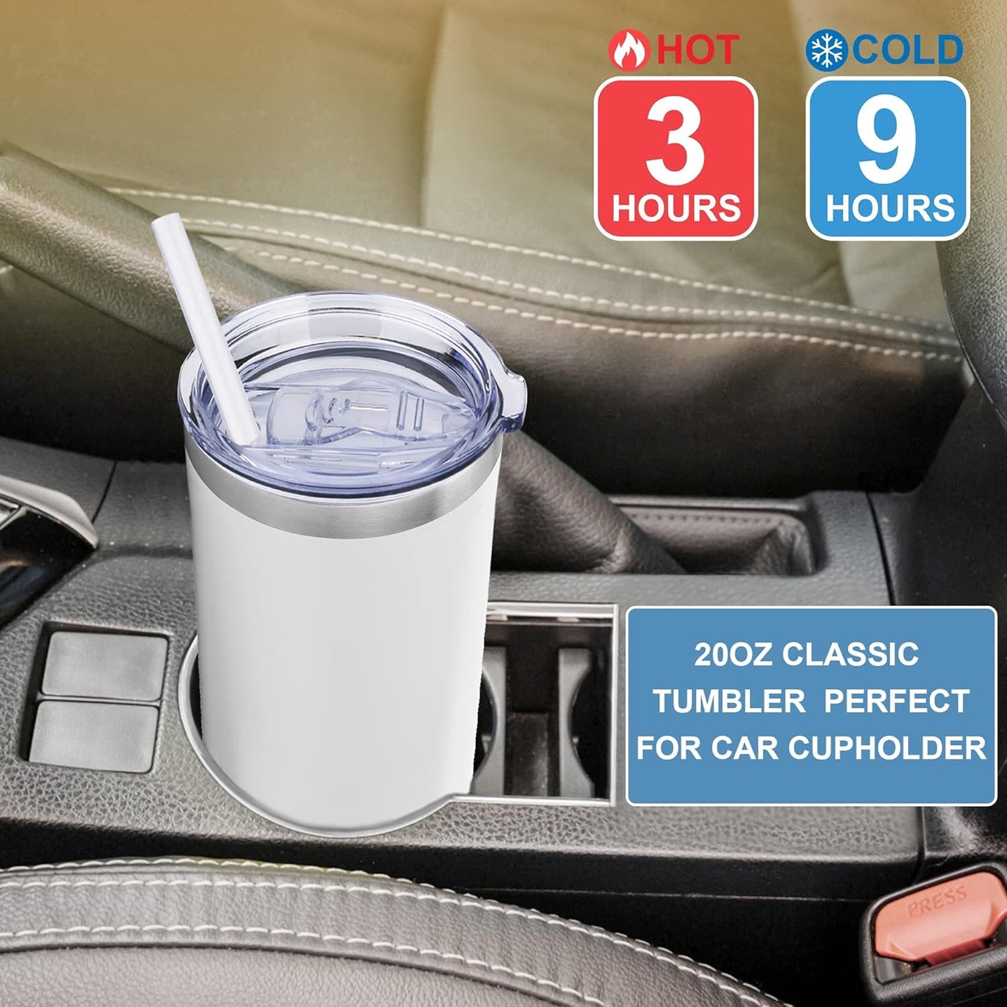 20Oz Tumbler with Lid and Straw, Stainless Steel Vacuum Insulated Coffee Tumbler Cup, Double Wall Powder Coated Travel Mug (White, 1 Pack)