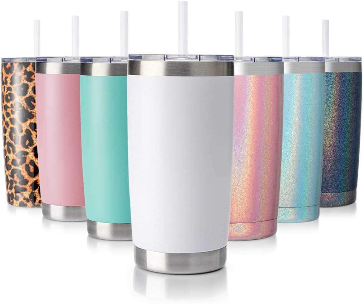 20Oz Tumbler with Lid and Straw, Stainless Steel Vacuum Insulated Coffee Tumbler Cup, Double Wall Powder Coated Travel Mug (White, 1 Pack)