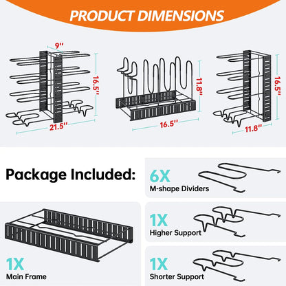 Pots and Pans Organizer Rack, 3 DIY Methods Adjustable 8-Tier Pot and Pan Rack, Metal Heavy Duty Organizer with Anti-Slip Silicone Pad for Cabinet Kitchen Organization Storage