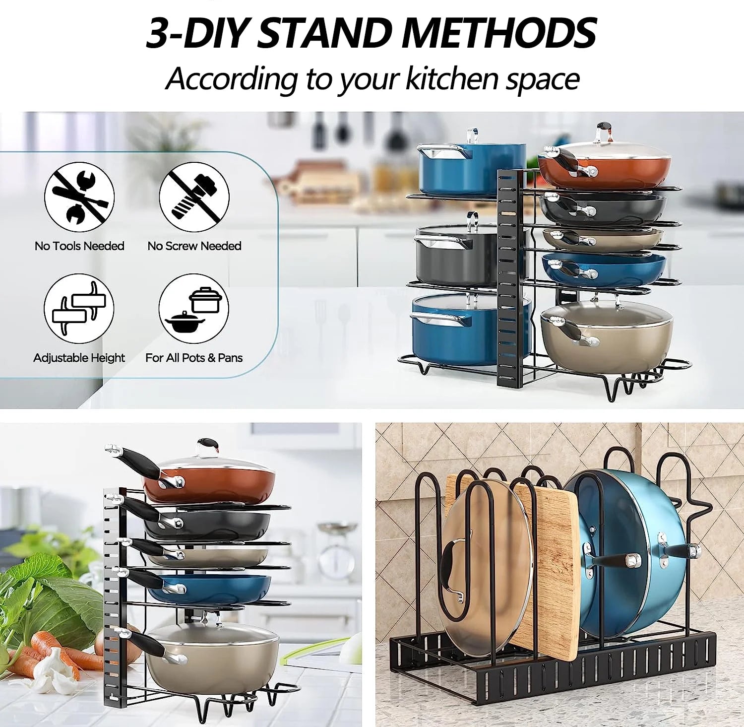 Pots and Pans Organizer Rack, 3 DIY Methods Adjustable 8-Tier Pot and Pan Rack, Metal Heavy Duty Organizer with Anti-Slip Silicone Pad for Cabinet Kitchen Organization Storage