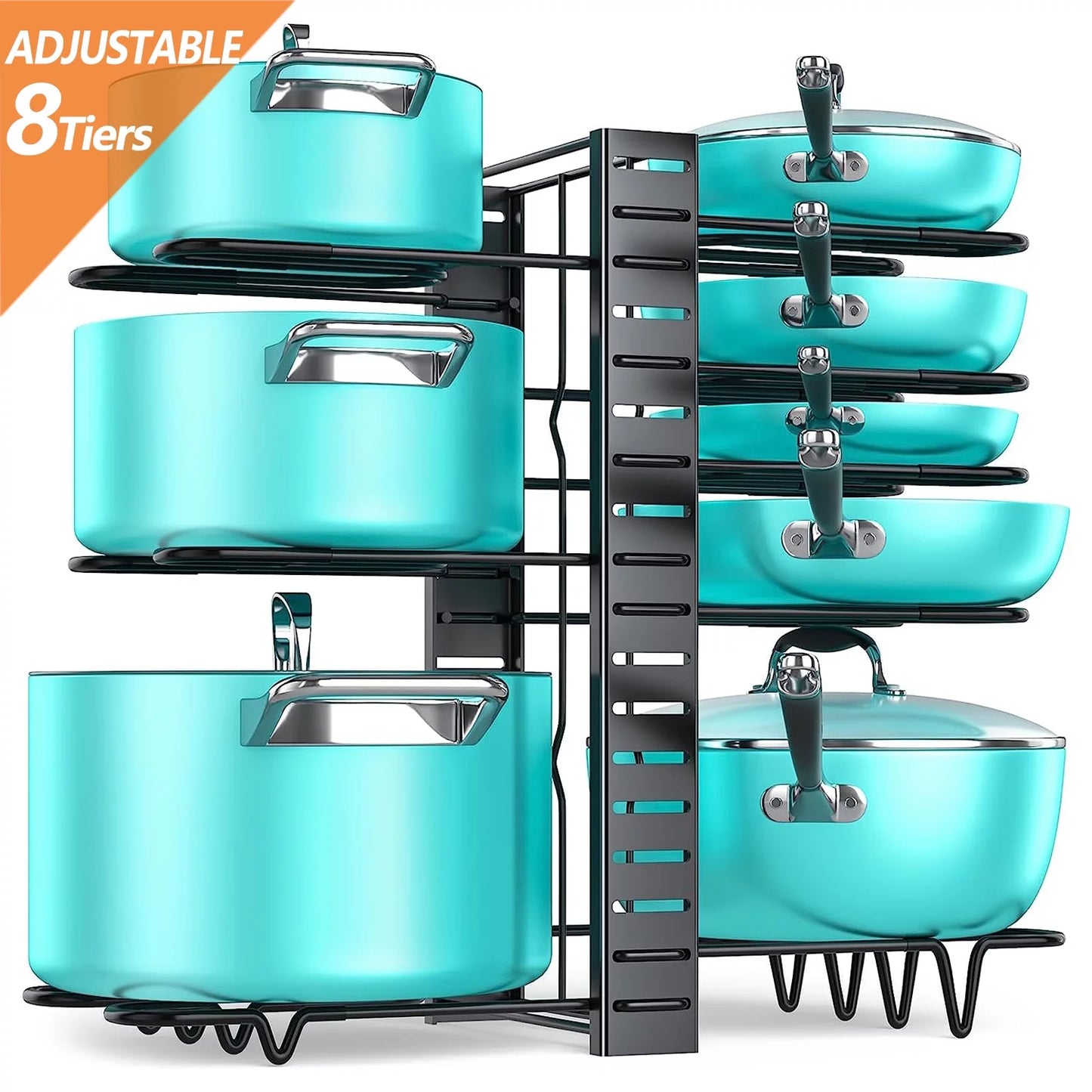 Pots and Pans Organizer Rack, 3 DIY Methods Adjustable 8-Tier Pot and Pan Rack, Metal Heavy Duty Organizer with Anti-Slip Silicone Pad for Cabinet Kitchen Organization Storage