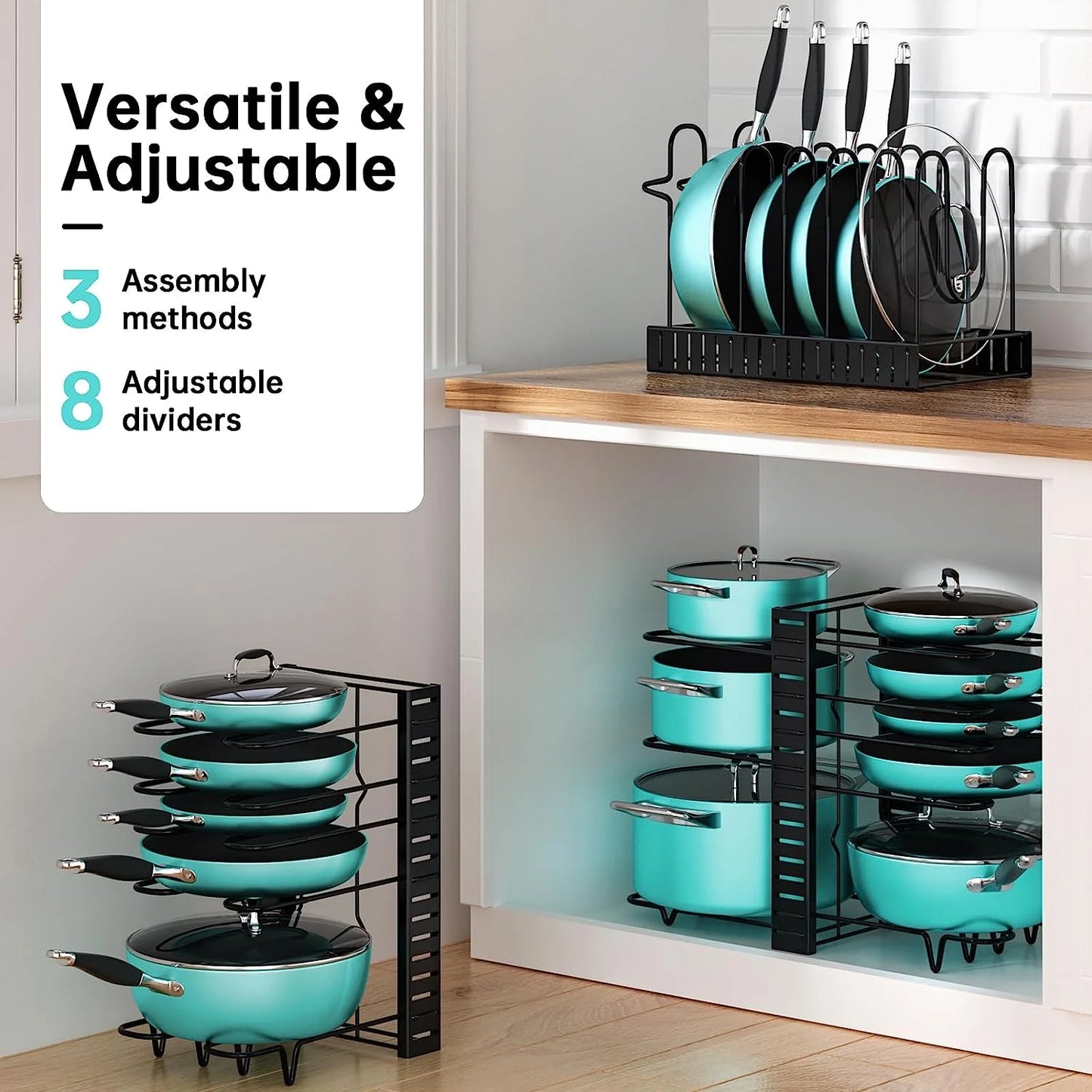 Pots and Pans Organizer Rack, 3 DIY Methods Adjustable 8-Tier Pot and Pan Rack, Metal Heavy Duty Organizer with Anti-Slip Silicone Pad for Cabinet Kitchen Organization Storage