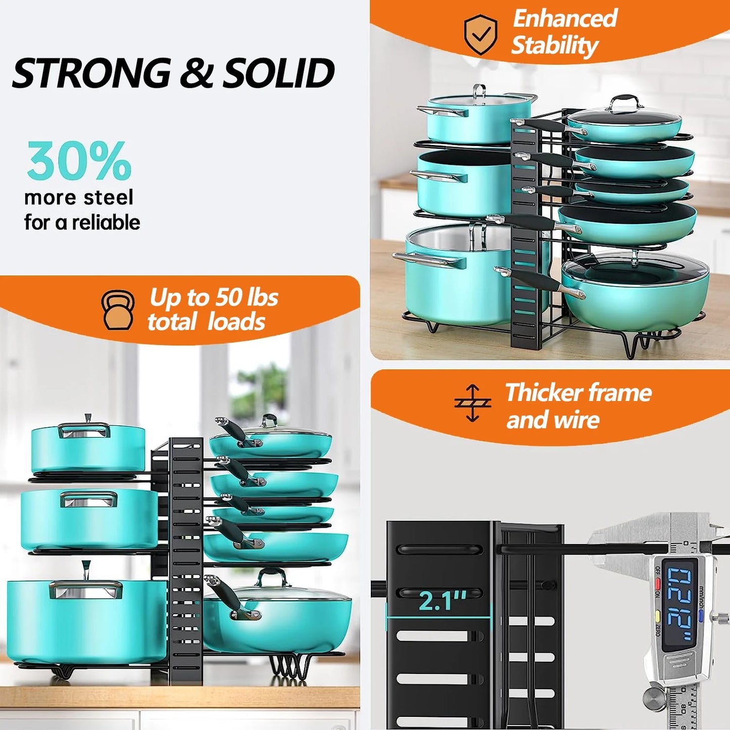 Pots and Pans Organizer Rack, 3 DIY Methods Adjustable 8-Tier Pot and Pan Rack, Metal Heavy Duty Organizer with Anti-Slip Silicone Pad for Cabinet Kitchen Organization Storage